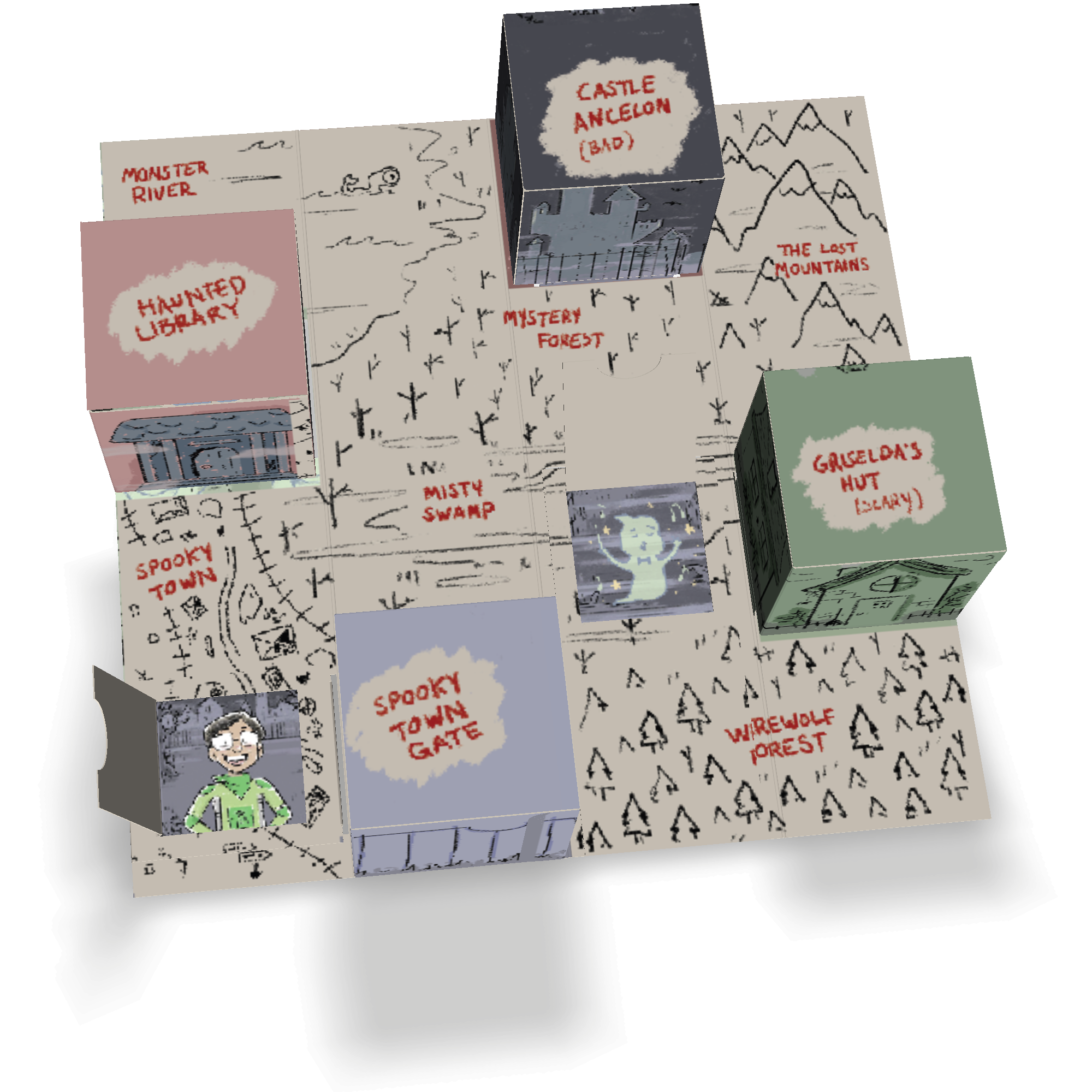 Render of the map un-rolled, with the flat image reveals opened. We used a fold and tuck technique to keep this feature glue-less